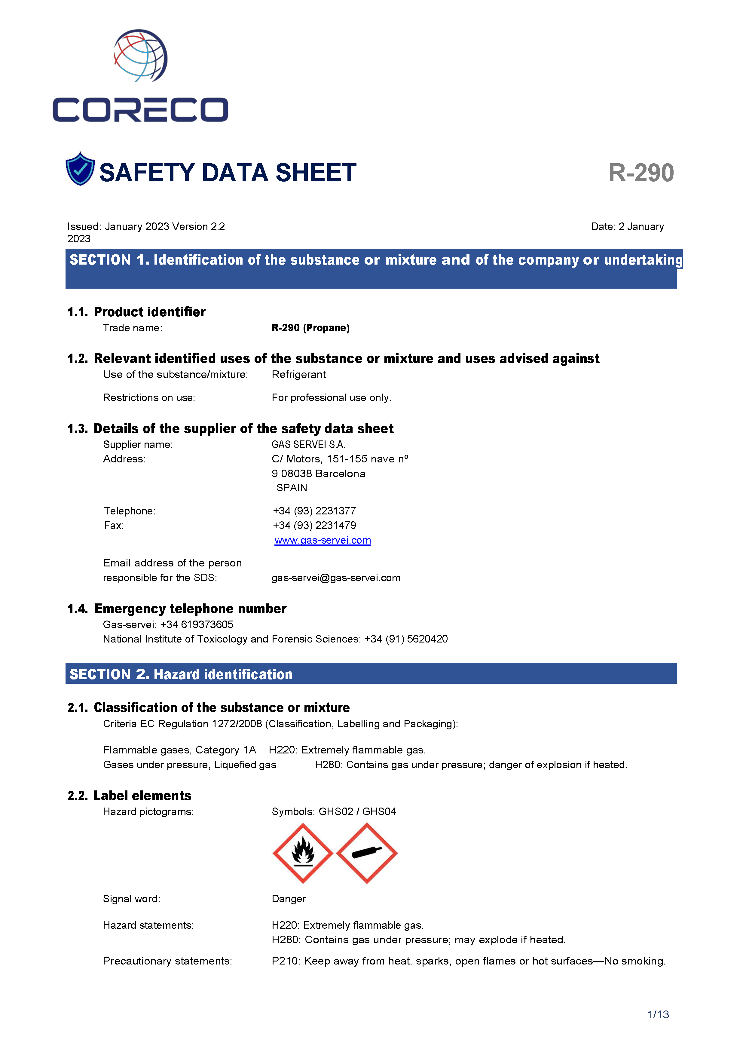 Safety Data Sheet R 290