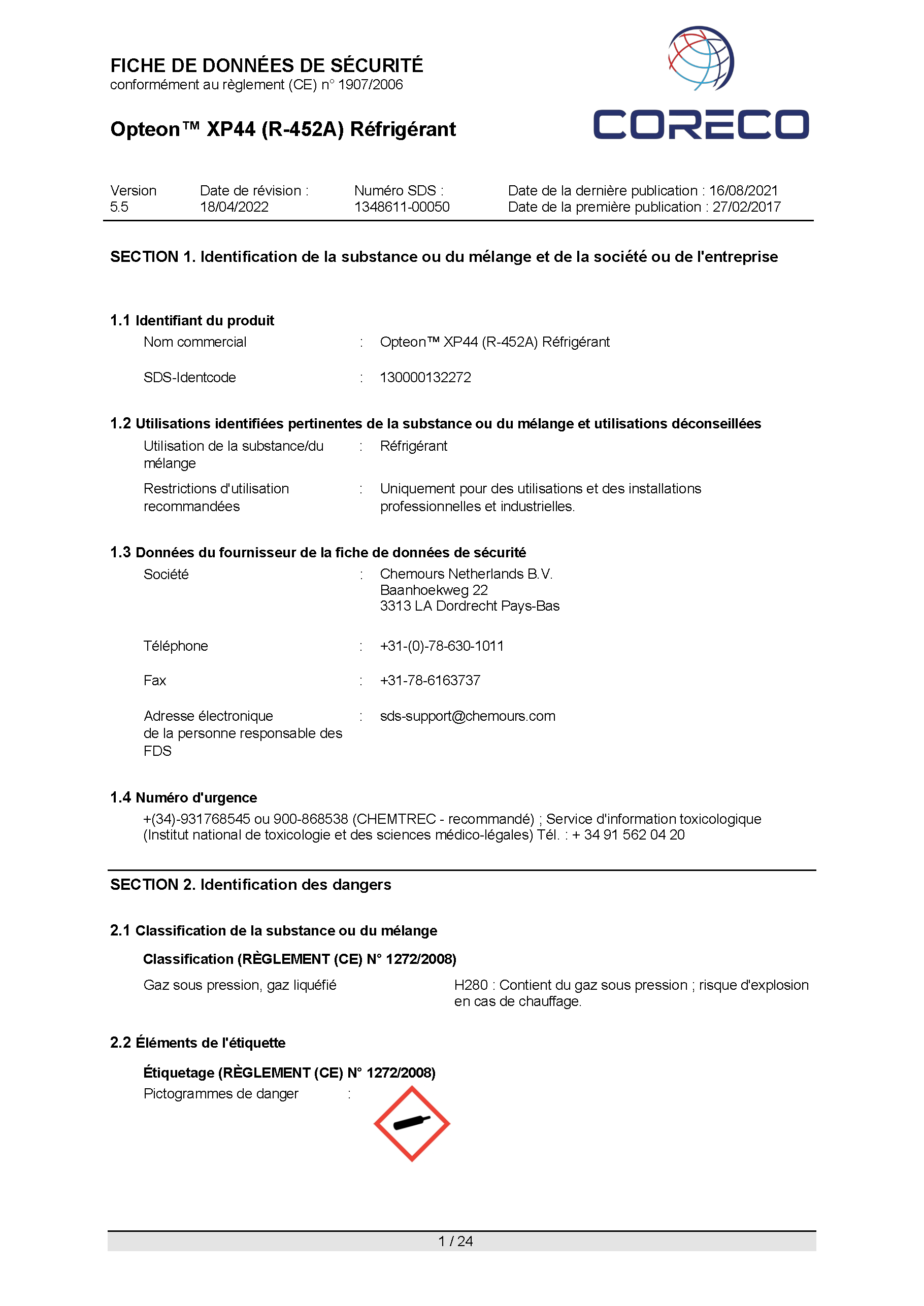 Fiche de données de sécurité Opteon Xp44 R452a